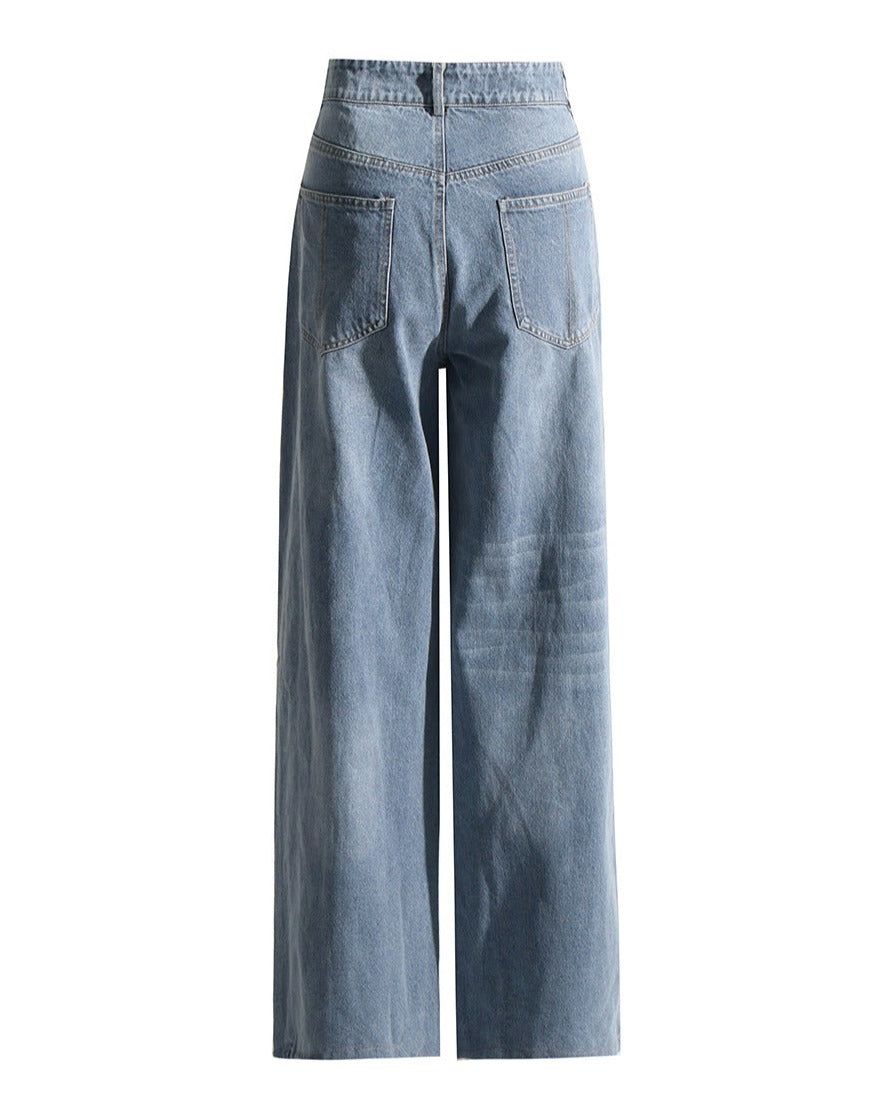 High Waisted Color Block Straight Casual Irregular Jeans