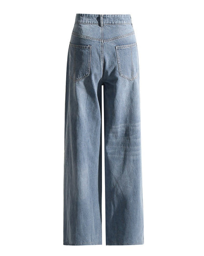 High Waisted Color Block Straight Casual Irregular Jeans
