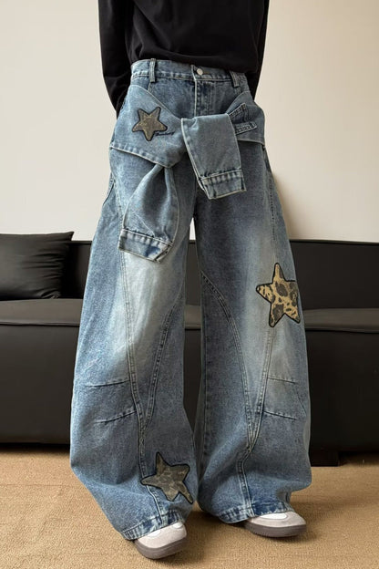 Leopard Print Patchwork Tie Loose Wide Leg Retro Jeans