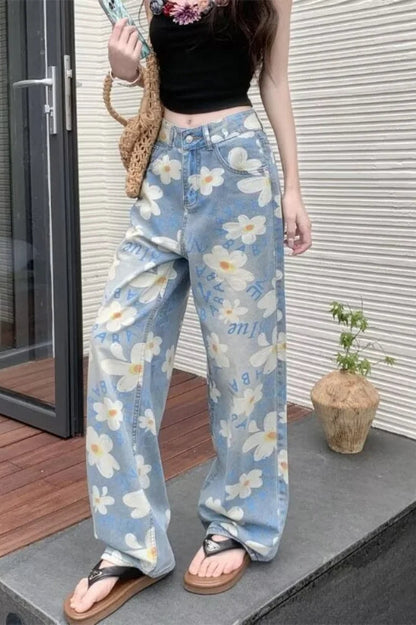 Washed Floral Print Baggy Jeans