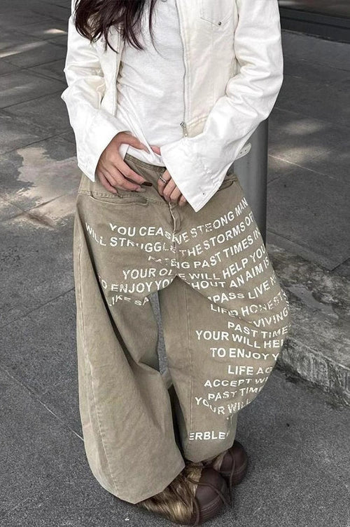 Vintage Washed Letter Print Wide Leg Slim Floor Length Jeans