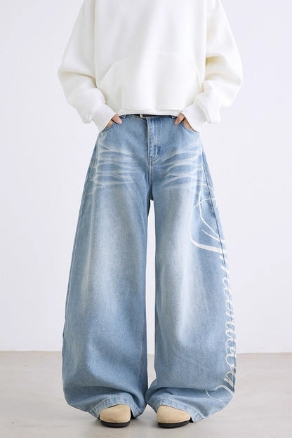 Letter Printed Slouchy Wide Leg Versatile Jeans