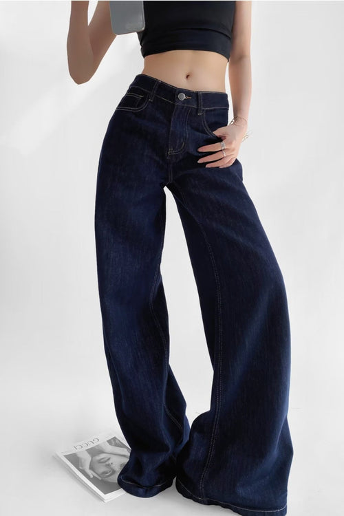 Raw Denim High Waist Loose Straight Floor Jeans