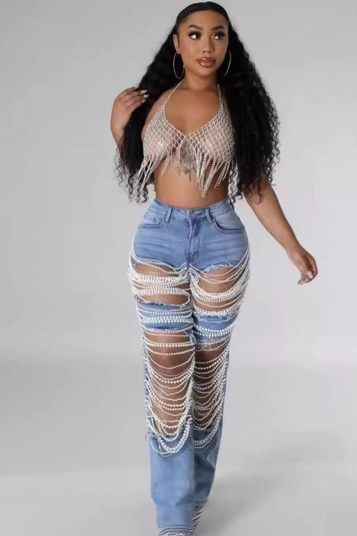Large Ripped Chain Beaded Accent Straight Denim Jeans