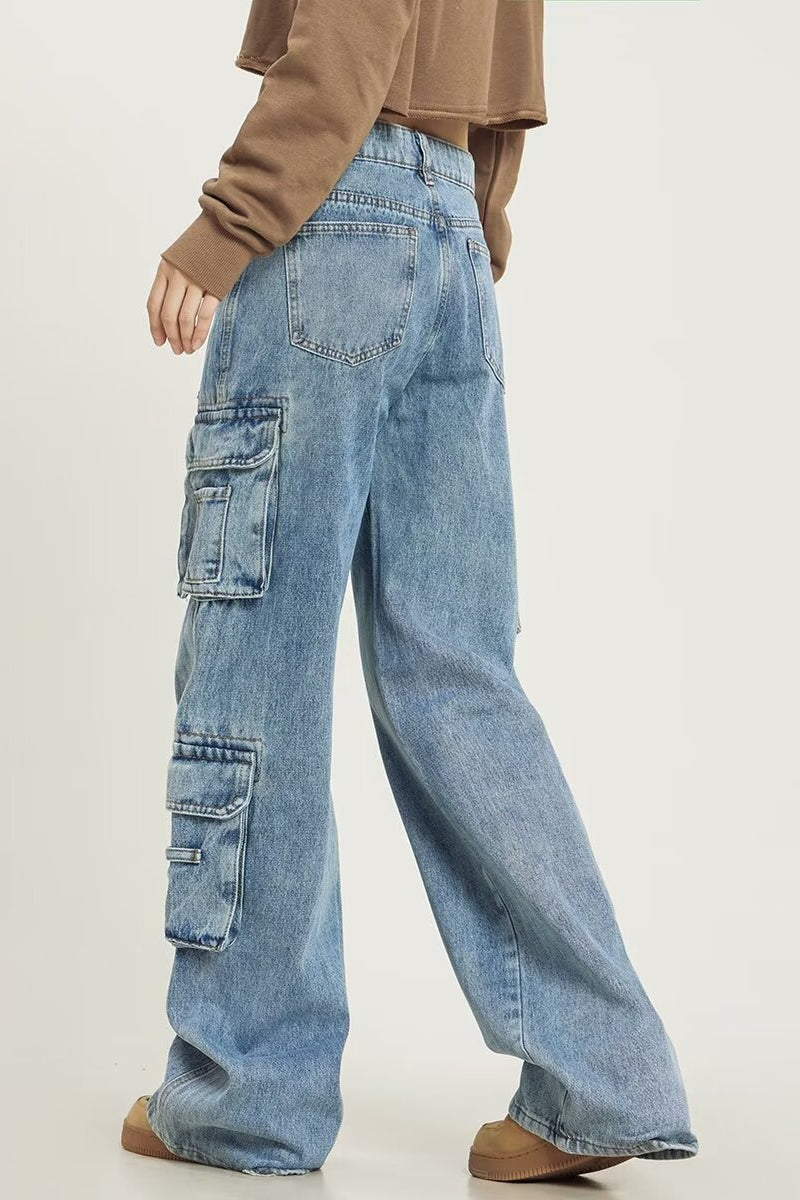 Vintage Washed Wide Leg Cargo Jeans
