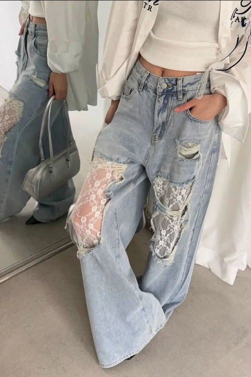 Lace Patchwork Ripped Loose Jeans