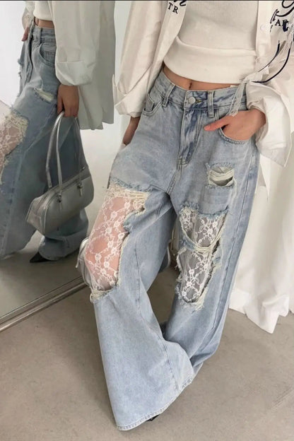 Lace Patchwork Ripped Loose Jeans