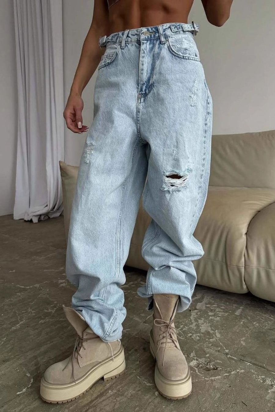 High Waist Ripped Wide Leg Jeans