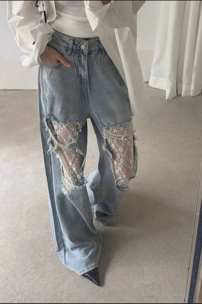 Lace Patchwork Ripped Loose Jeans