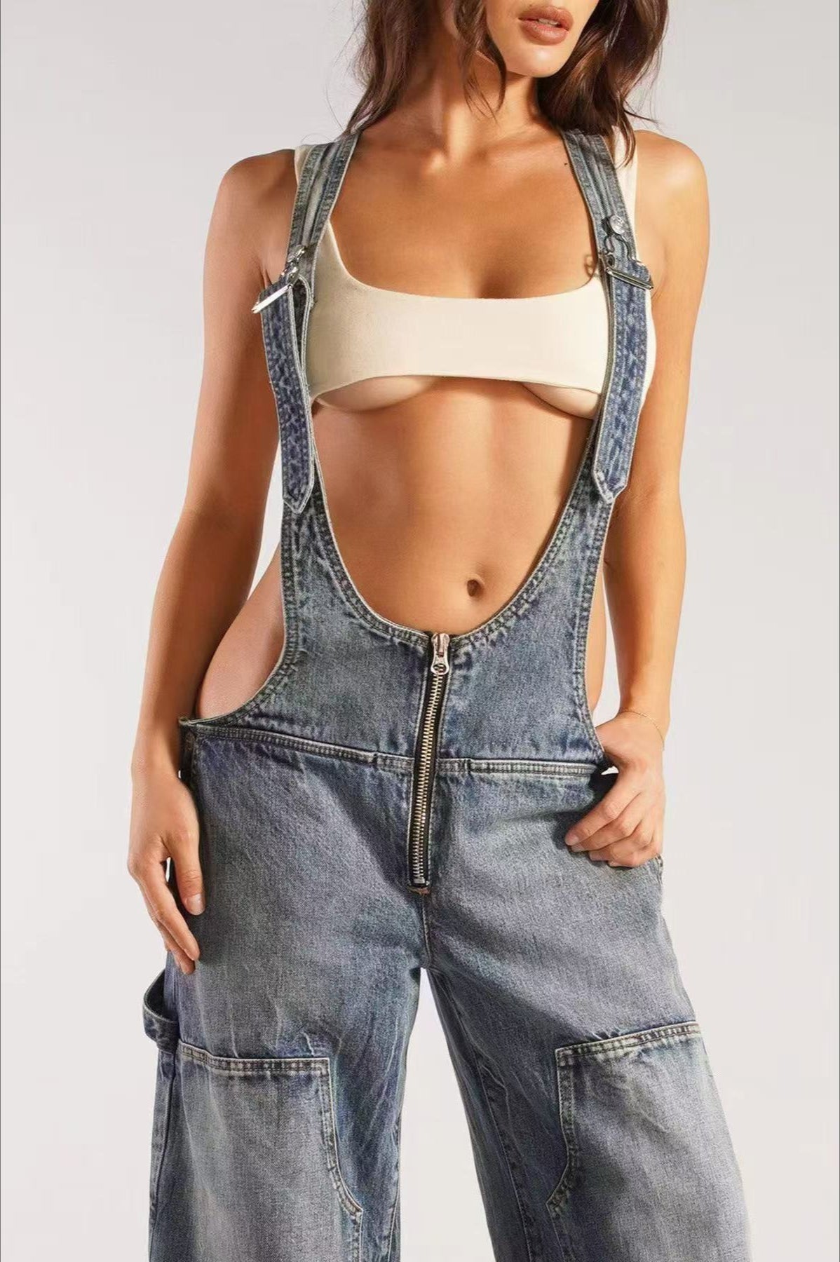 Low Rise Wide Leg Overall Jeans
