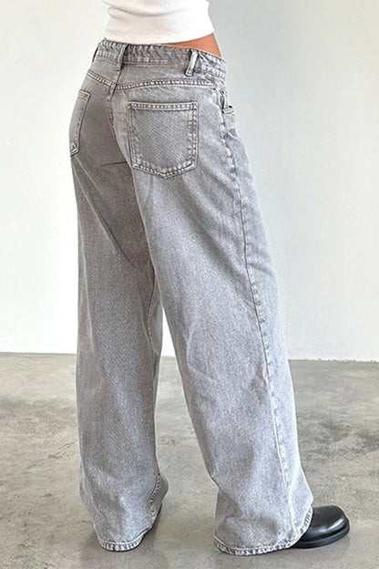Solid Color Wide Leg Denim Jeans