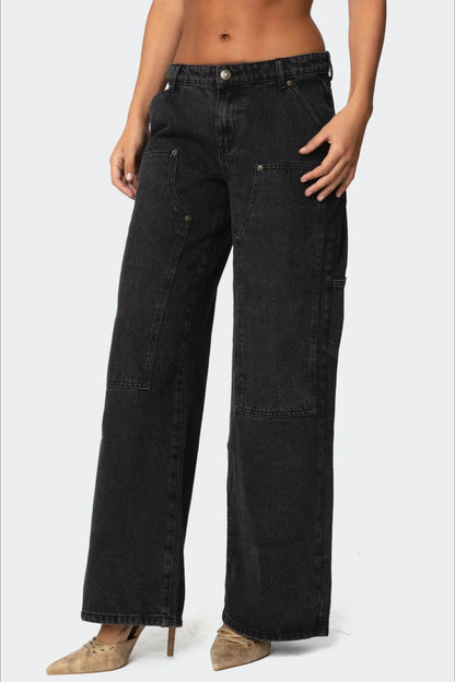 Washed Oversized Mid-Rise Cargo Pocket Straight-Leg Jeans