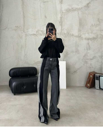 High Waisted Straight Pants Casual Pants Striped Patchwork Jeans
