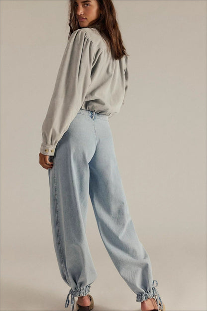 Ruched Mid Rise Wide Leg Jeans