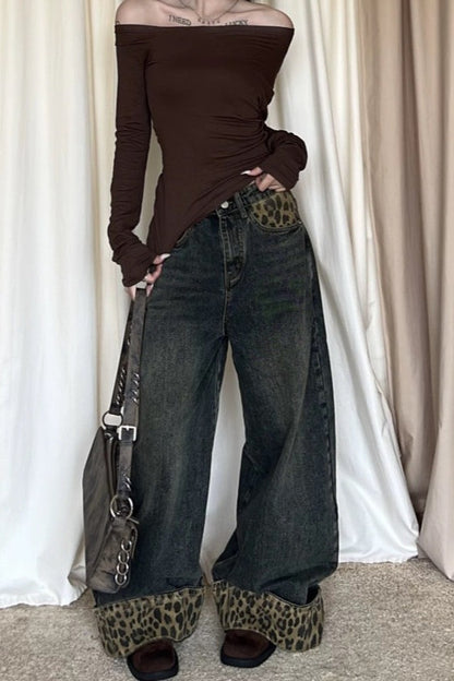Vintage Leopard Print Cuff Relaxed Jeans