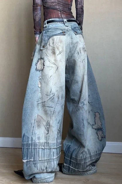 Needle Embroidered Wide Leg Jeans