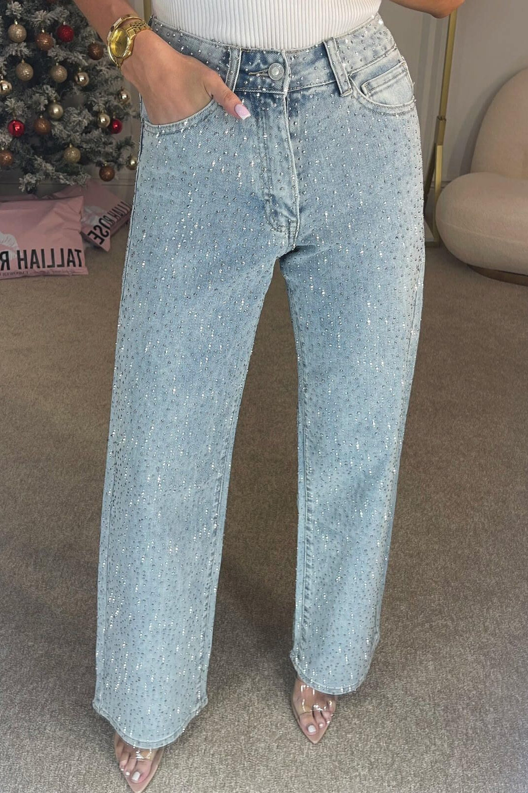 Rhinestone Washed High Waist Jeans