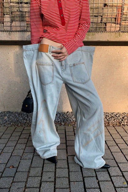 Distressed Ruched Wide Leg Designer Pocket Jeans