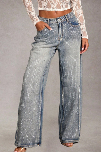 Full Rhinestone High Waist Wide Leg Denim Jeans