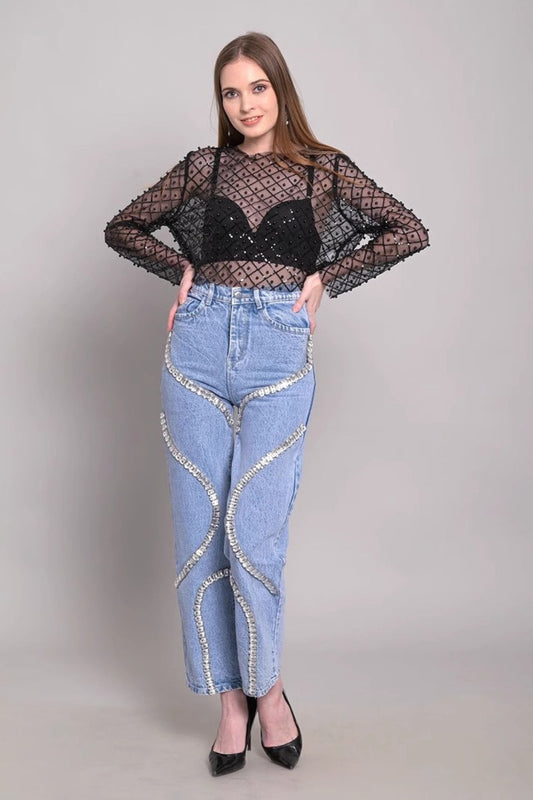 High Waist Rhinestone Panel Wide Leg Straight Jeans