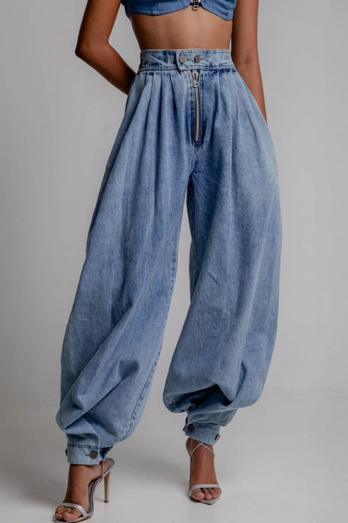 High Waist Zipper Cuff Relaxed Vintage Jeans