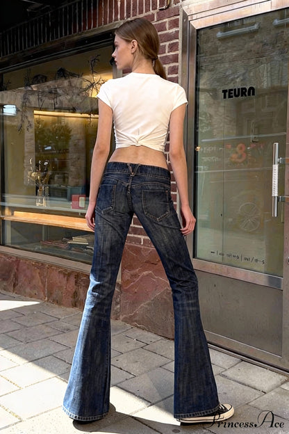 Low Waisted Washed Slim Flared Leg Jeans