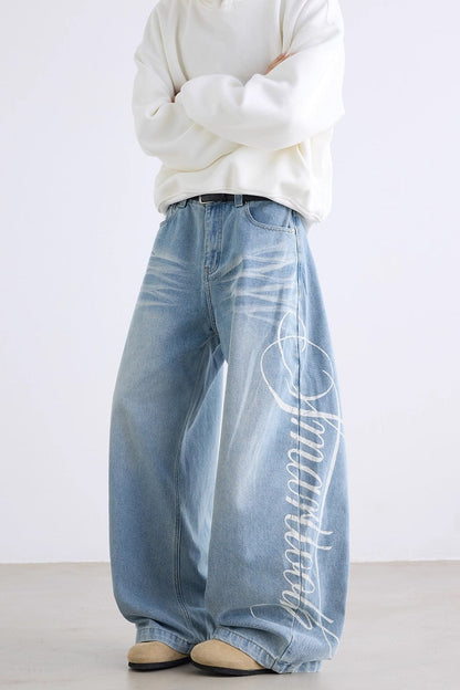 Letter Printed Slouchy Wide Leg Versatile Jeans