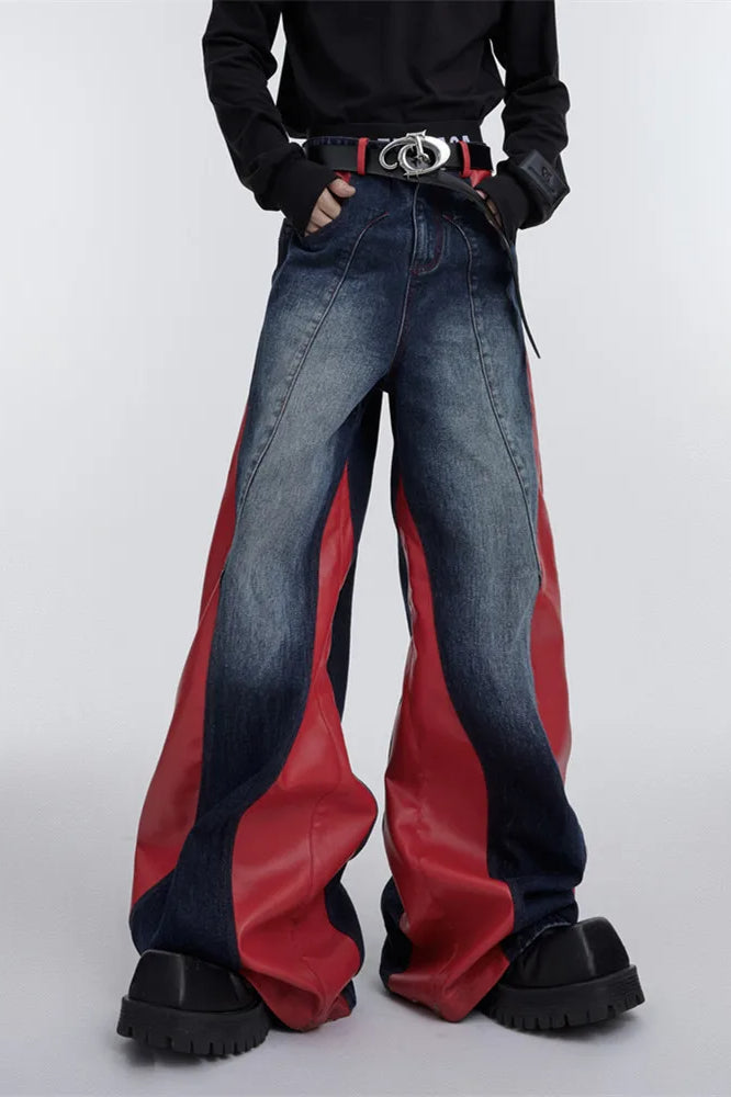 Wide Leg PU Leather Patchwork Jeans
