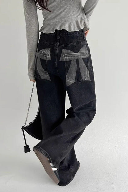 Washed Bow Print Pocket Wide Leg Jeans