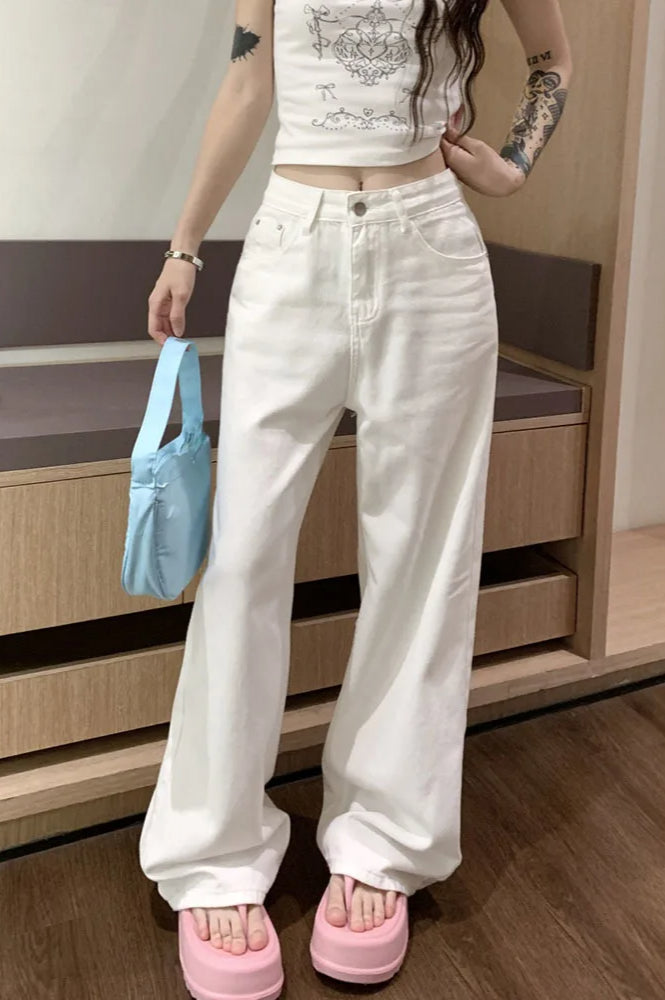 Embroidered Pink Bow Wide Leg Jeans