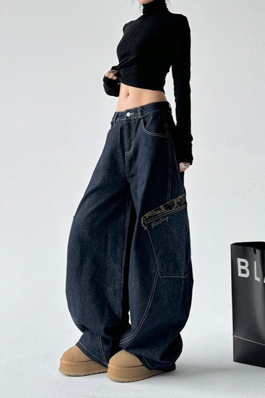 Leopard Spliced Vintage Wide Leg Jeans