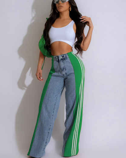 High Waisted Straight Pants Casual Pants Striped Patchwork Jeans