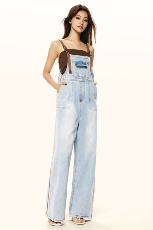 Washed Wide Leg Suspender Jeans