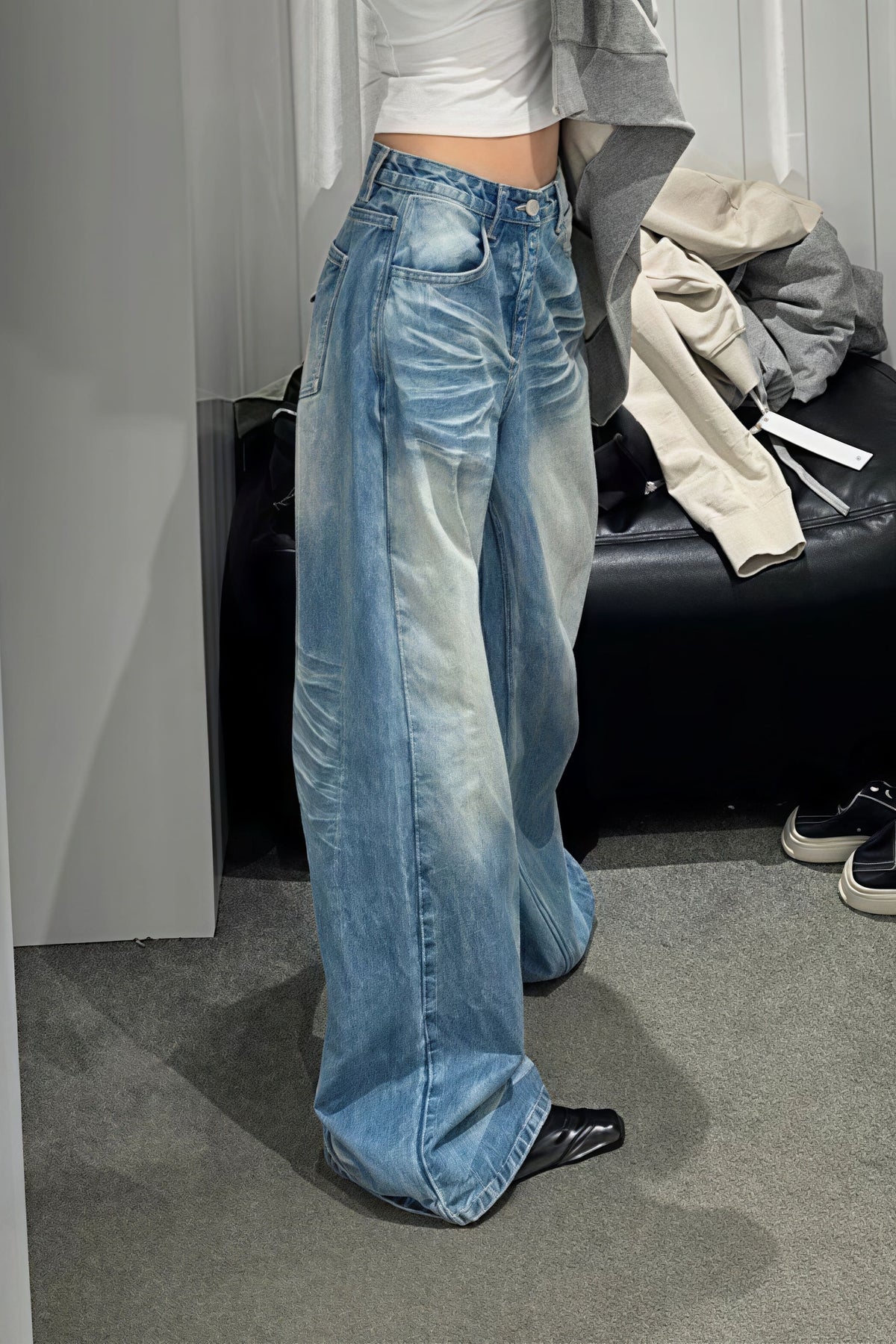 Creased Washed Floor-Length Straight Leg Jeans