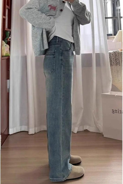 Vintage Blue Fleece Lined High Waist Plus Size Wide Leg Jeans