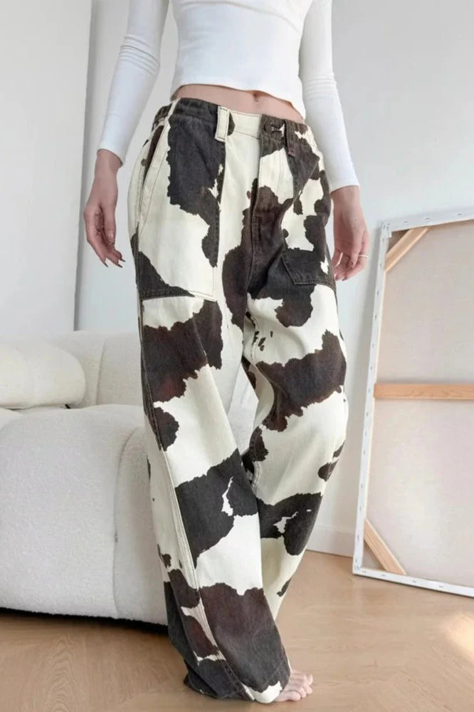 Baggy Cow Pattern Wide Leg Jeans