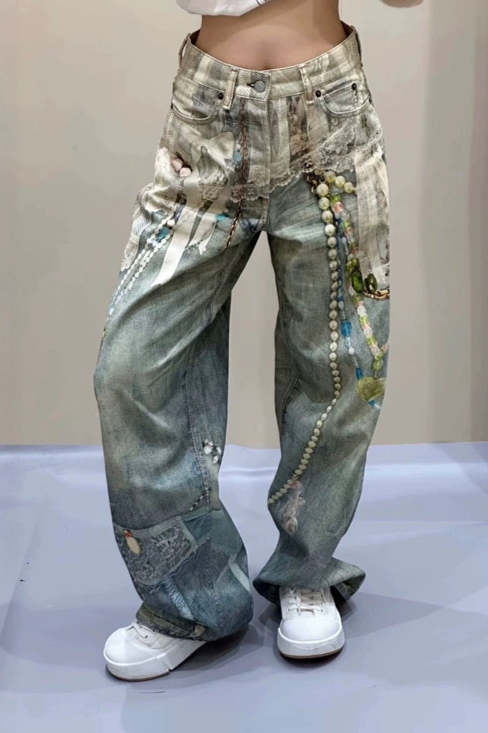 Lace Pearl Chain Printed Vintage Washed Casual Jeans