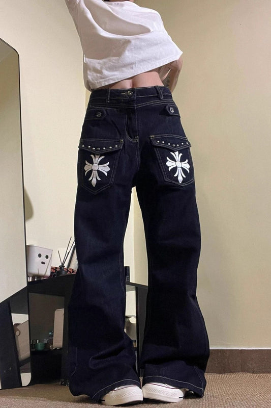 Vintage Washed Cross Print Bootcut Wide Leg Plus Size Jeans