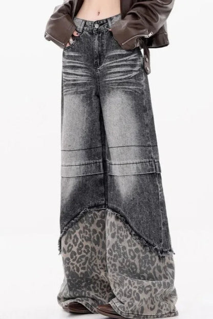 Patchwork Leopard Wide Leg Jeans