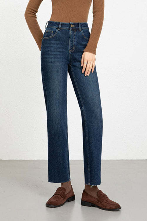 High Waist Fleece Lined 4 Way Stretch Raw Hem Ankle Crop Jeans