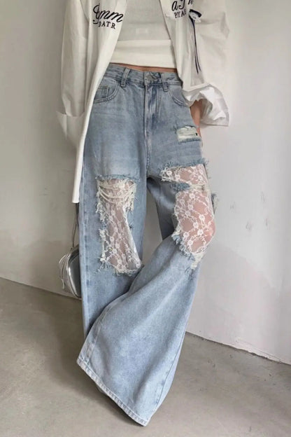 Lace Patchwork Ripped Loose Jeans