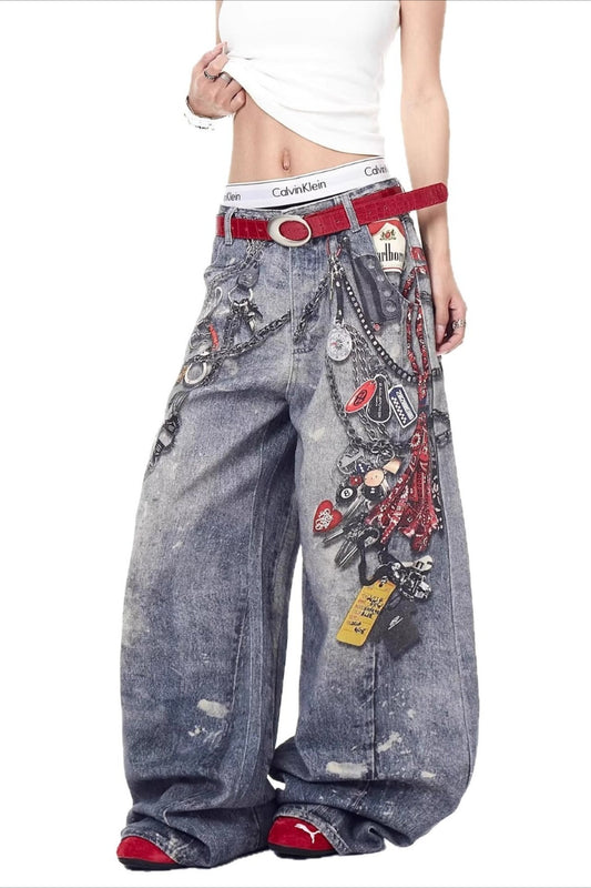 High Street 3D Chain Print Loose Wide Leg Jeans