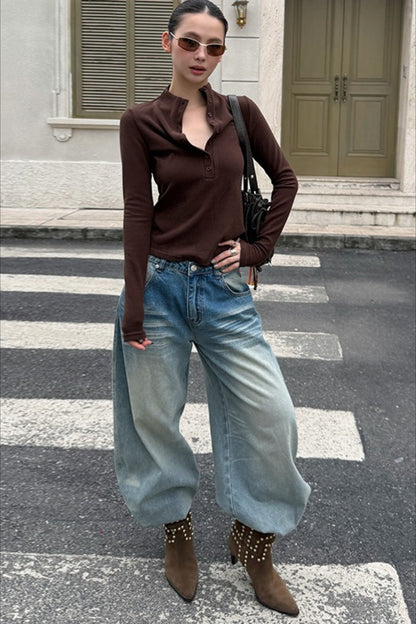 Light Wash Whisker Fleece Lined Wide Leg Loose Jeans