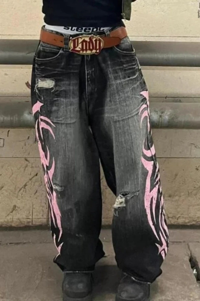 Gothic Print Wide-Leg Jeans