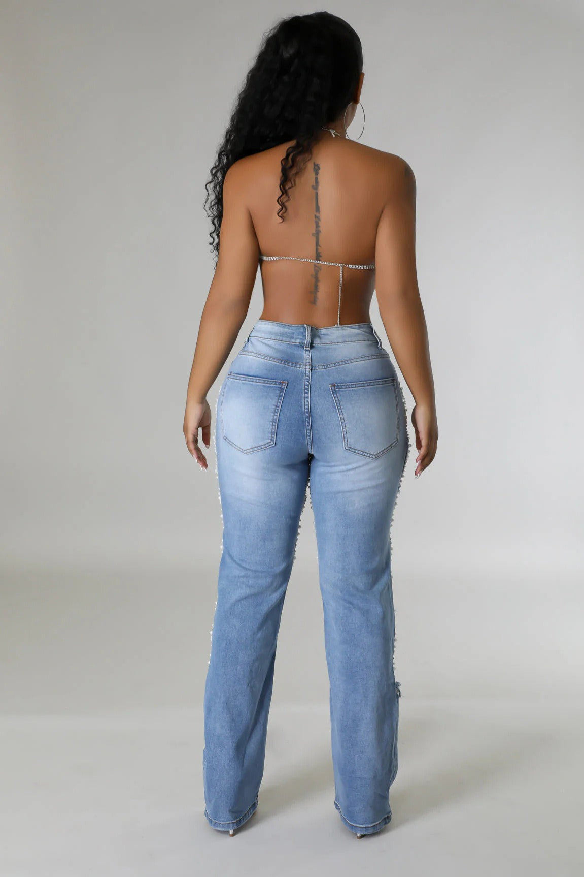 Large Ripped Chain Beaded Accent Straight Denim Jeans