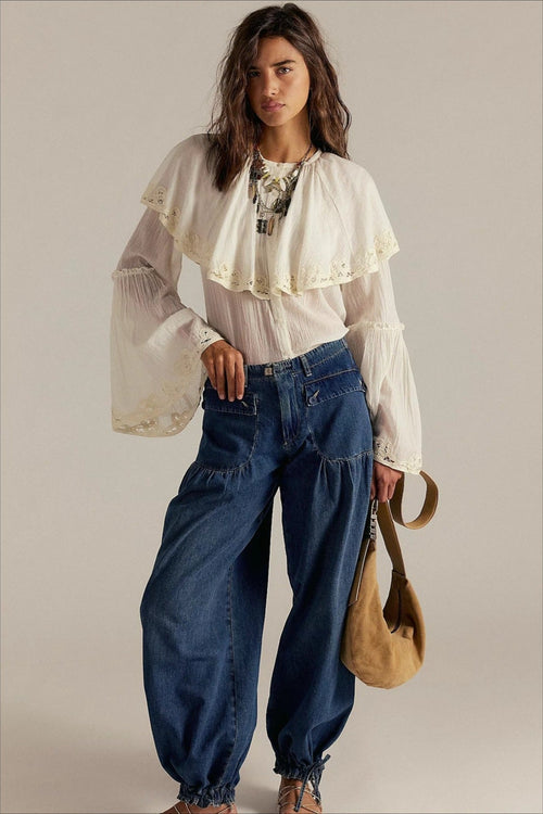 Ruched Mid Rise Wide Leg Jeans