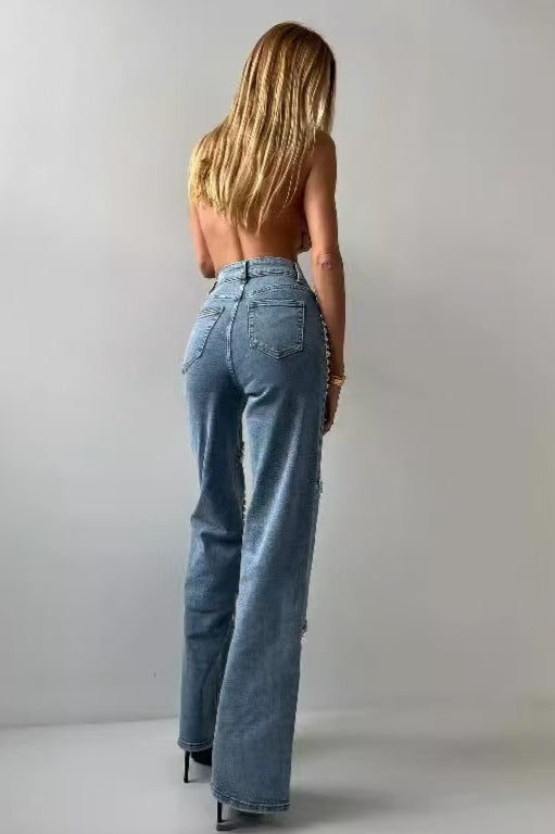 Rhinestone Patch Straight Leg Jeans