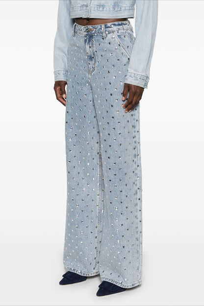Rhinestone High Waist Denim Wide Leg Jeans
