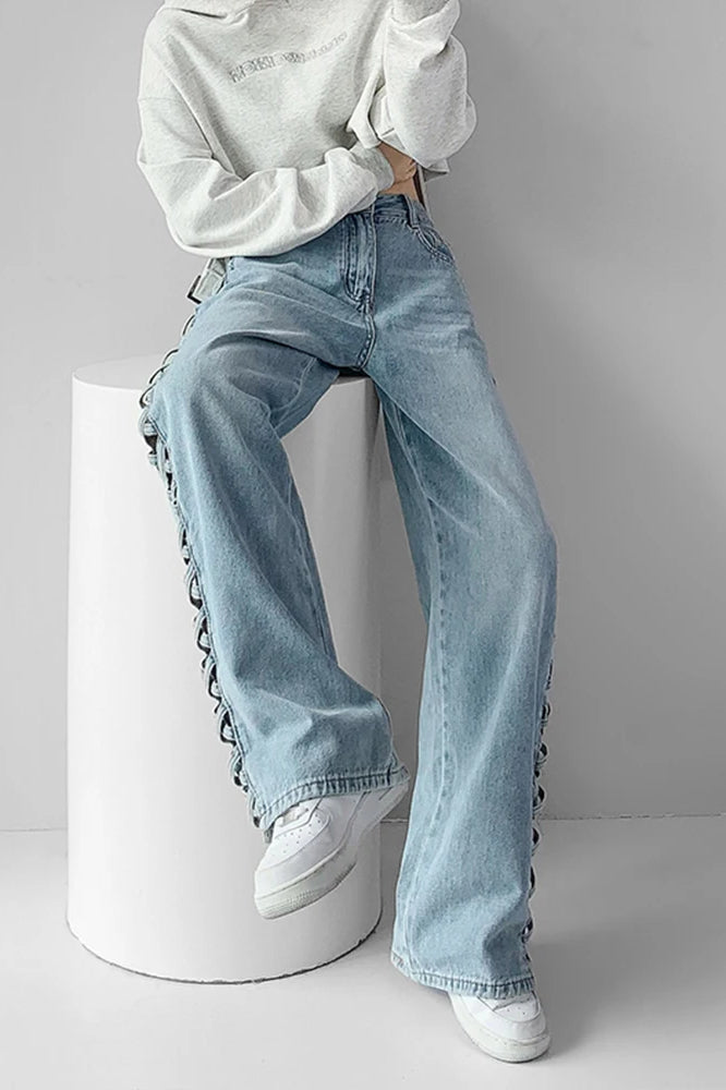 Side Braided Cutout Wide Leg Jeans