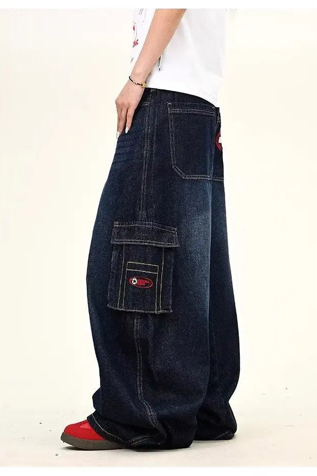 Dark Blue Cargo Wide-Leg Jeans